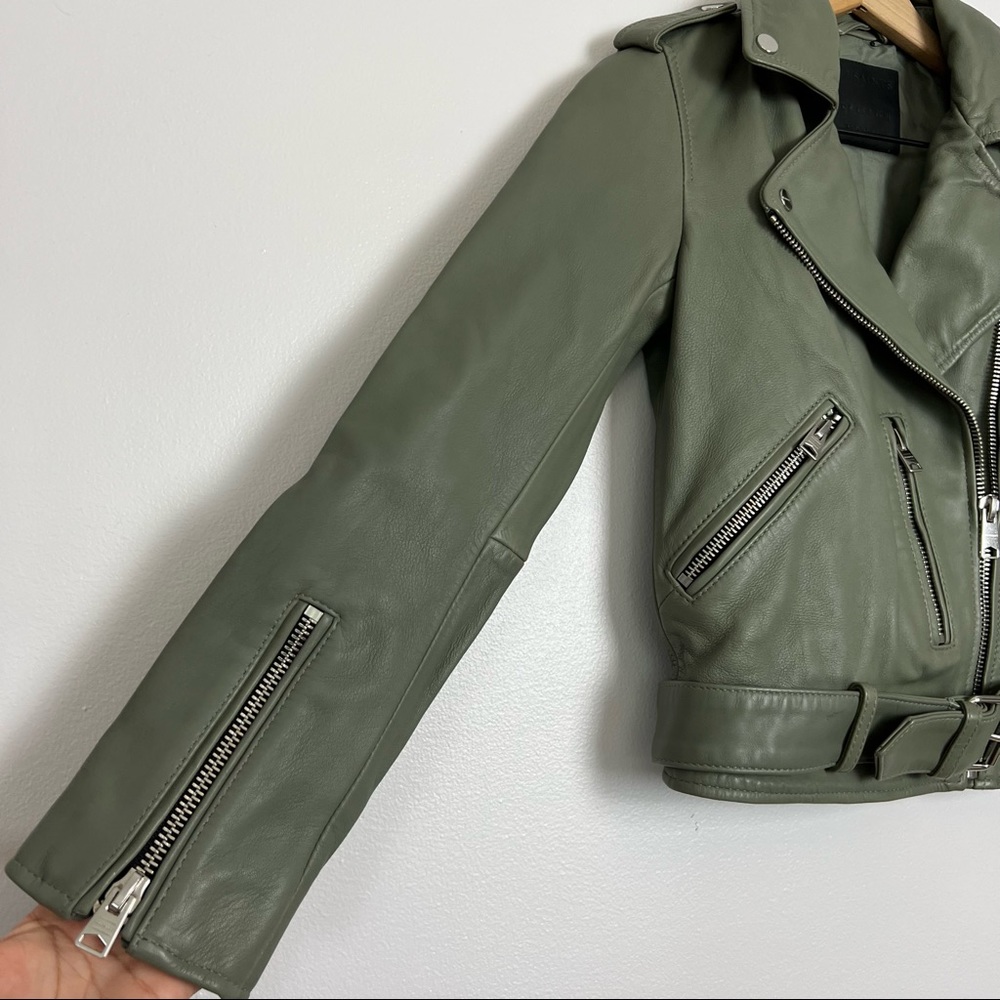 NEW ALL SAINTS Balfern Leather Biker Jacket In Sage Green, Size 2 - Picture 7 of 16